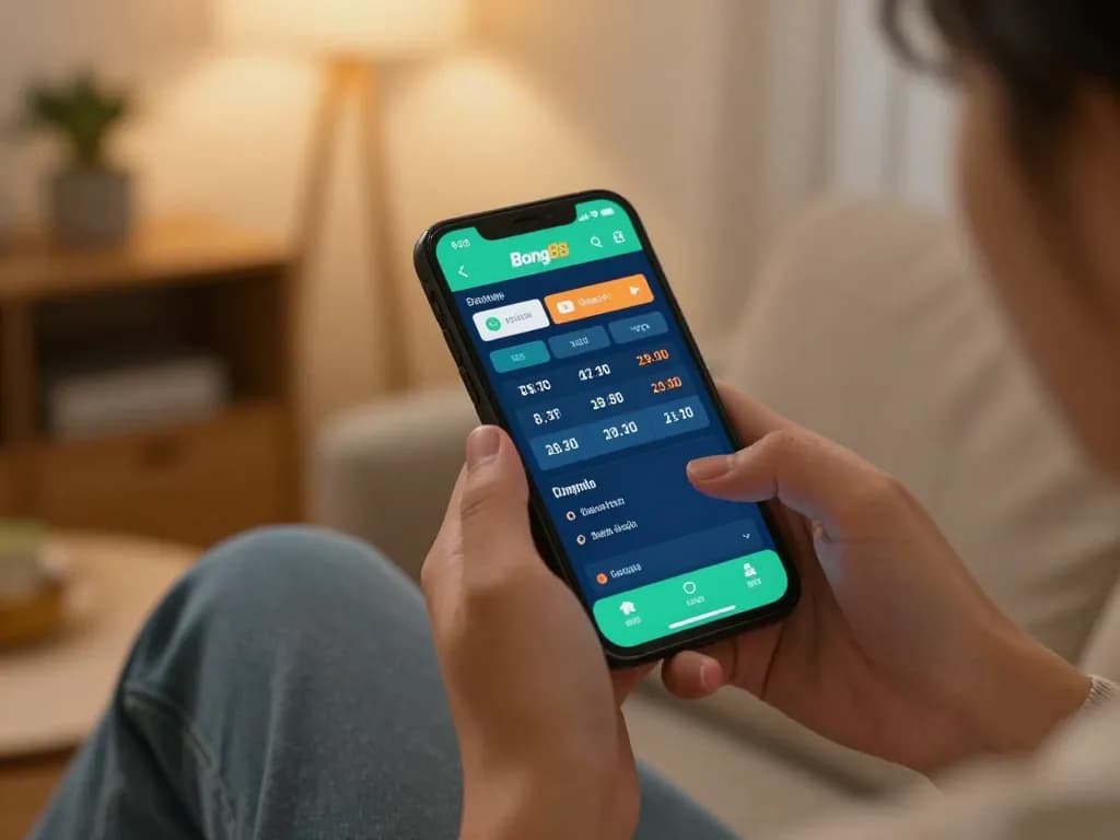 Bong88 user placing bets on a sports betting app in a cozy home setting