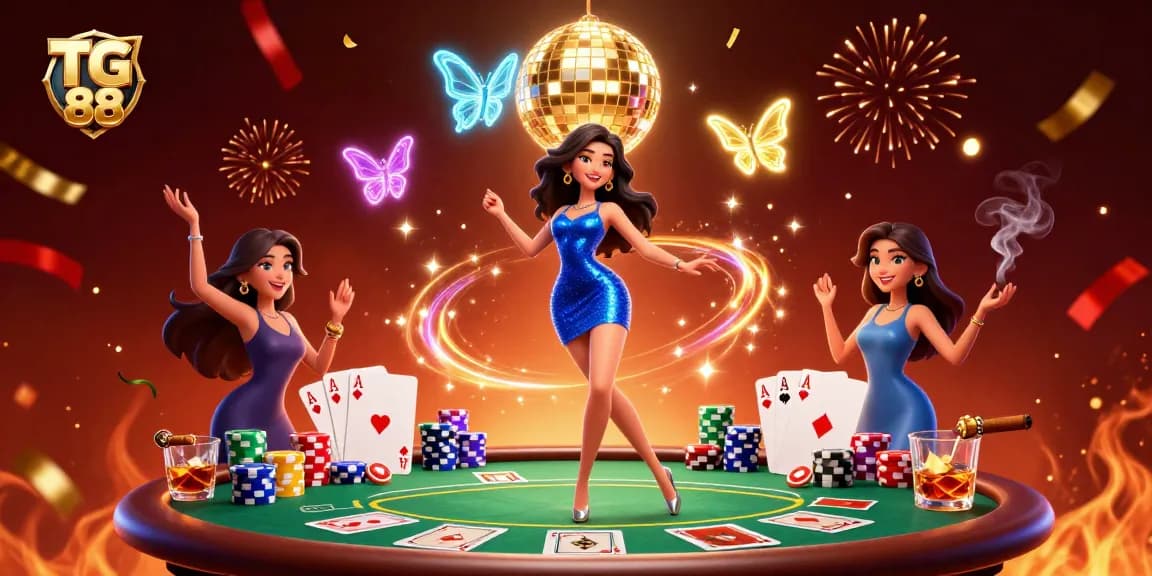 Experience exciting gaming action with TG 88 in this vibrant and colorful casino scene.