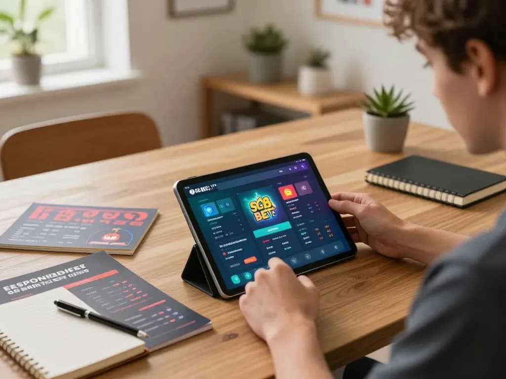 Engaging with SC88 BET app on a tablet surrounded by betting guides in a modern home setup.
