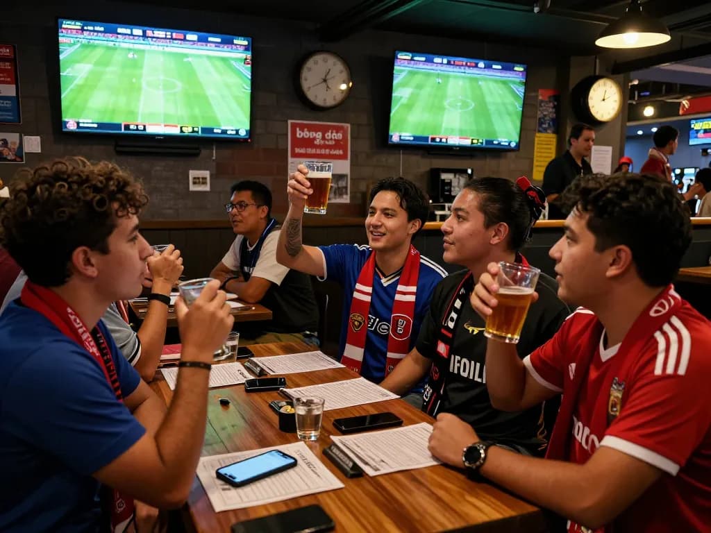 Fans enjoying football matches while analyzing bóng đá kèo nhà cái betting odds live in a sports bar.
