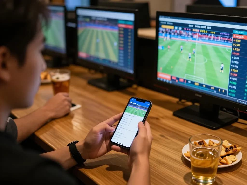 Placing live sports bets on mu88 app in a vibrant sports bar environment.