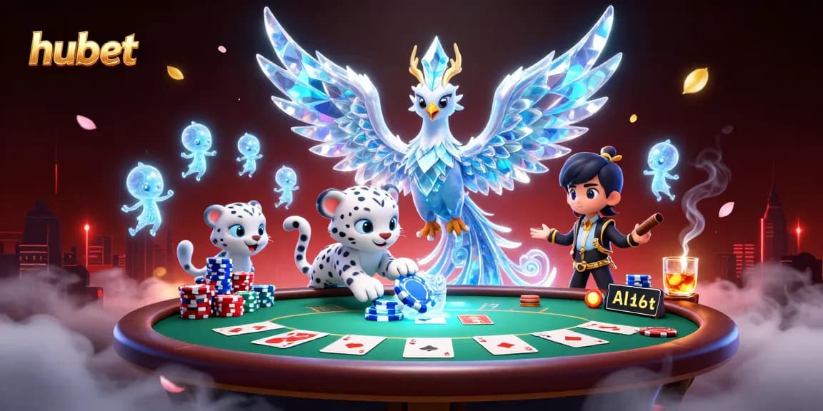 Experience hubet's vibrant casino world with colorful poker elements and charming ice characters.