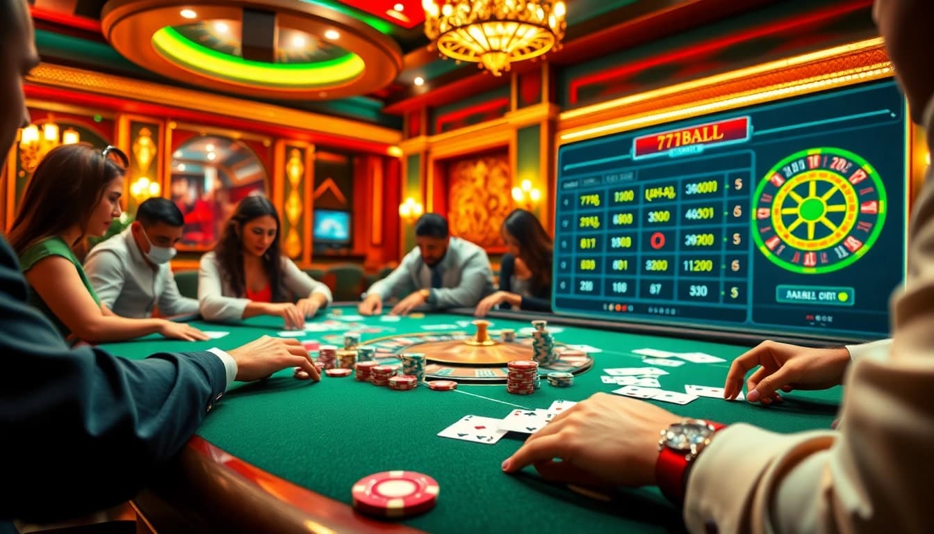 Exciting scene depicting players engaging in the 77ball game at a vibrant casino table with poker chips.