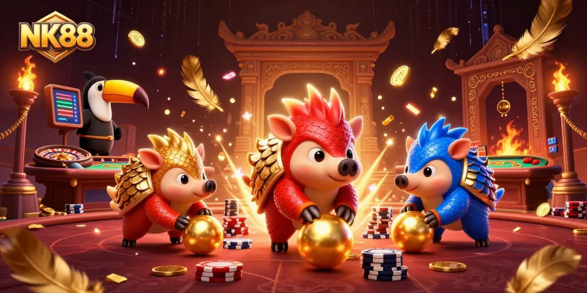 Engage with NK88's thrilling casino experience featuring vibrant pangolin rivals and poker chips.