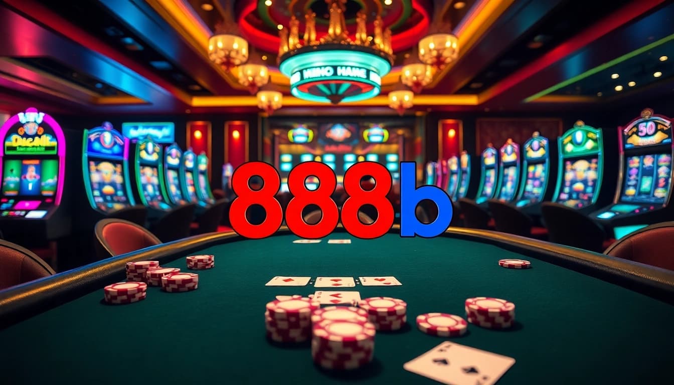 Exciting poker game at 888b casino table with colorful chips and cards.