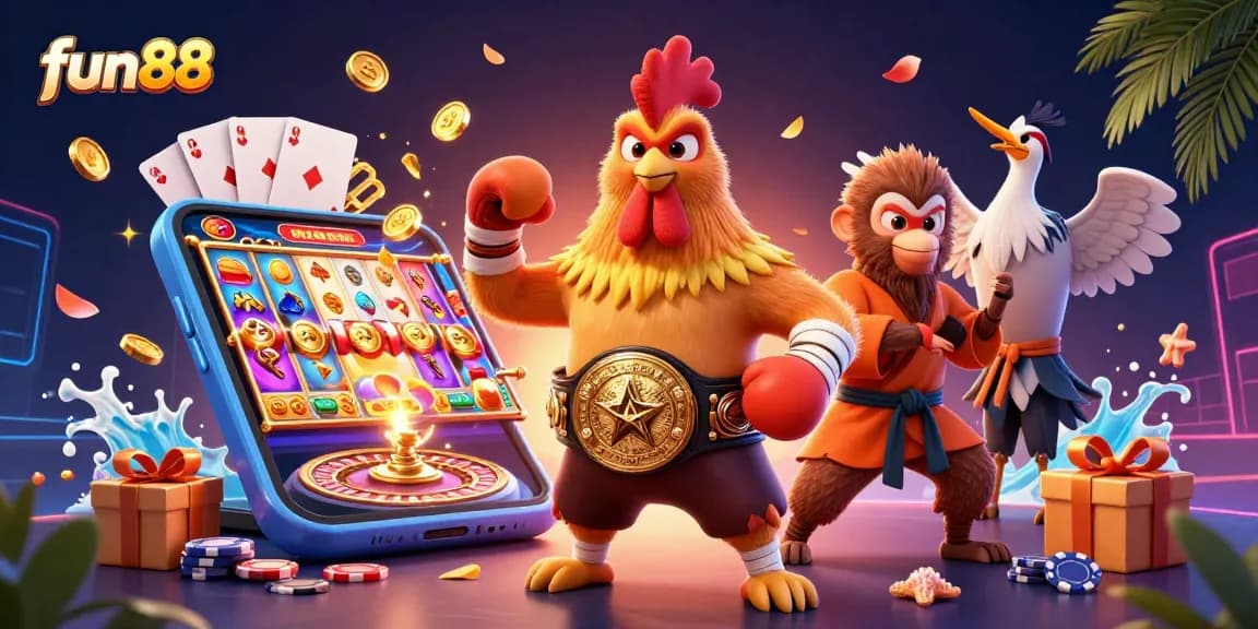 Play exciting games at fun88 with a 3D cartoon Muay Thai rooster and a Shaolin monkey surrounded by casino elements.