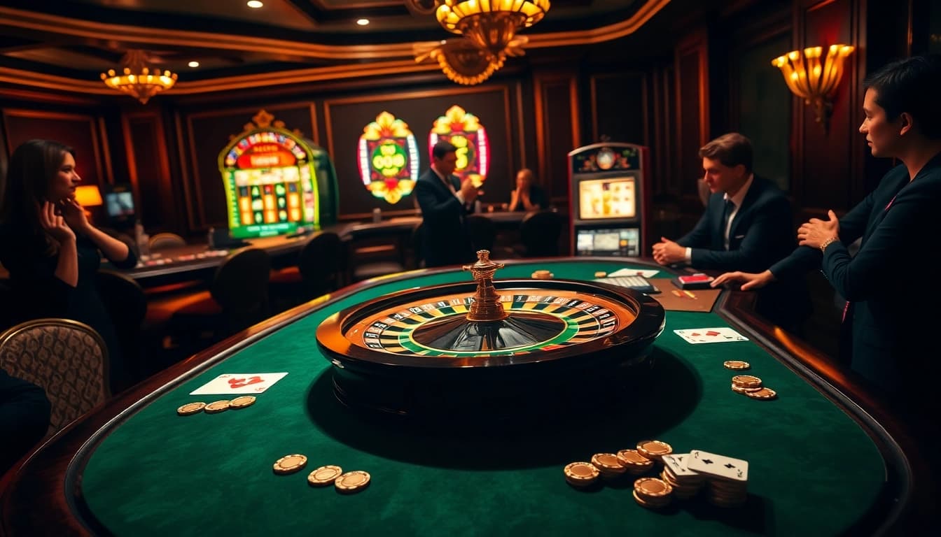 Exciting scene of GO 88-themed casino with roulette wheel and luxury gaming tables.