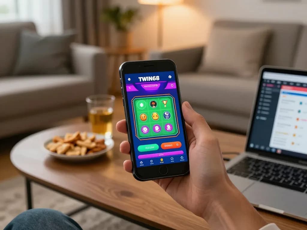 TWIN68 player using the mobile app to enjoy live dealer games, surrounded by a cozy atmosphere.