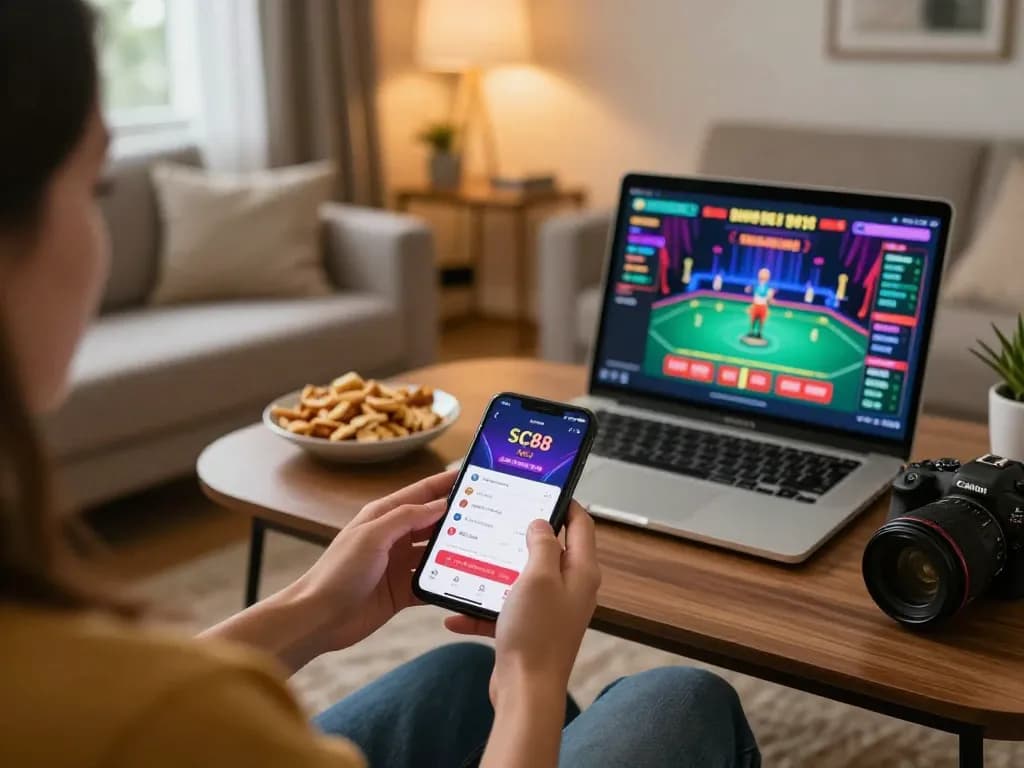 Enjoying betting on SC88 through mobile app in a relaxed home setting, showcasing engaging gaming atmosphere.