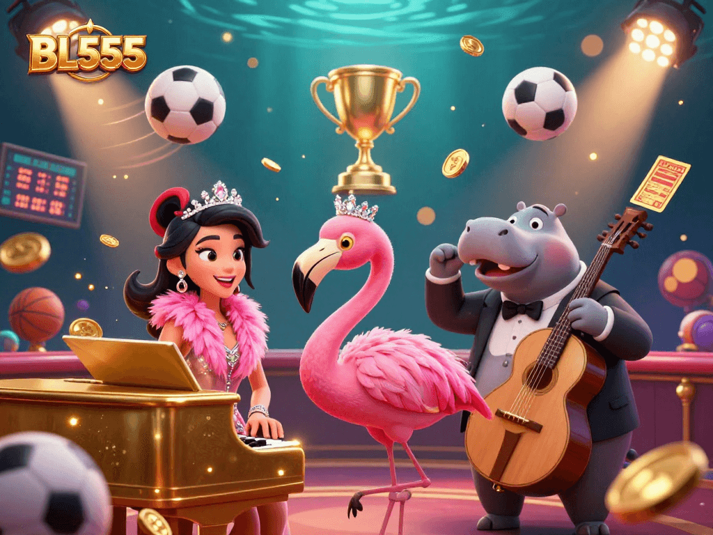 Experience the vibrant energy of BL555's casino scene, showcasing a funky flamingo singer and hippo bassist performing amid dynamic sports elements.
