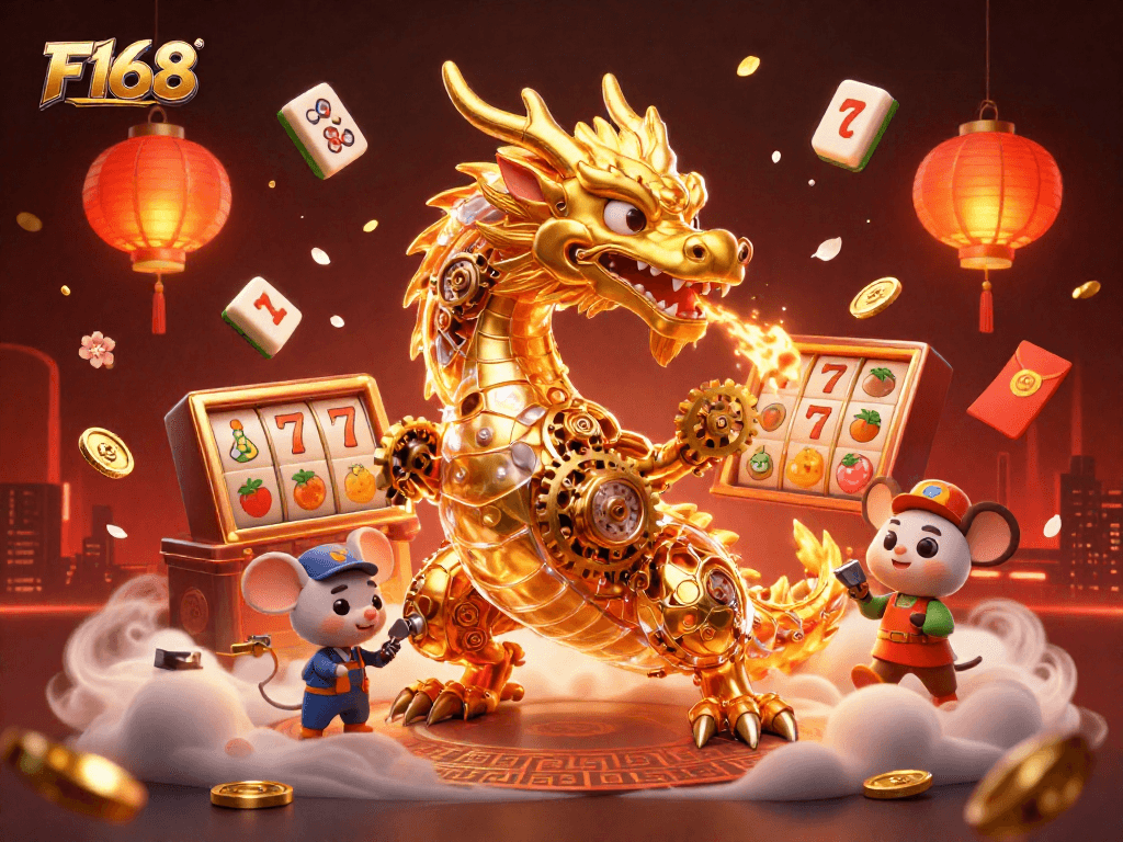 Engage with thrilling action at F168's online casino with a dazzling scene of dragon and slots.