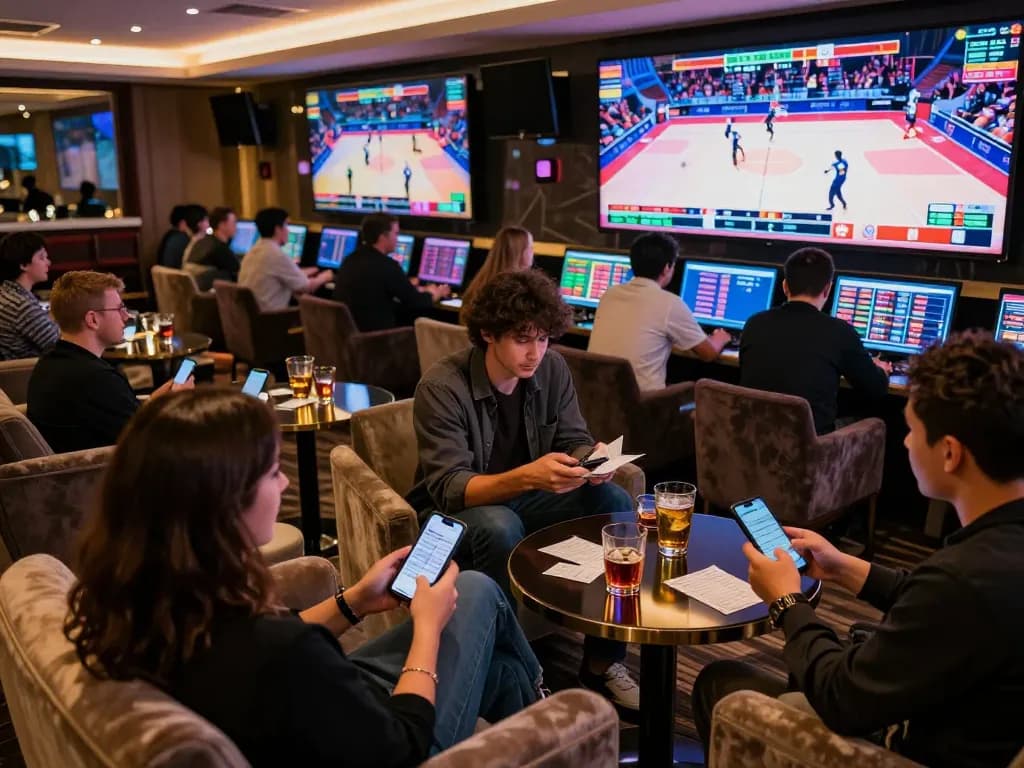 Excited patrons strategizing bets in a luxurious sports betting lounge while using ga6789
