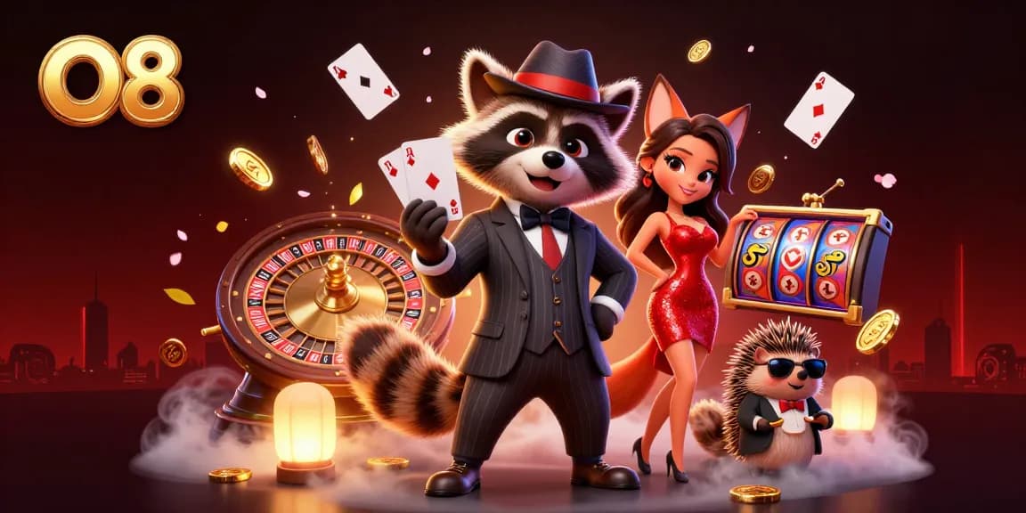 Engaging scene showcasing O8 casino action with a raccoon holding a royal flush, surrounded by vibrant gaming elements.