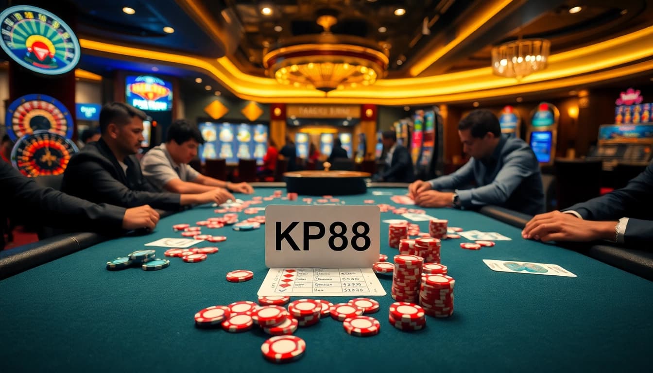 Players enjoying a thrilling high-stakes game at KP88 casino with vibrant cards and chips.