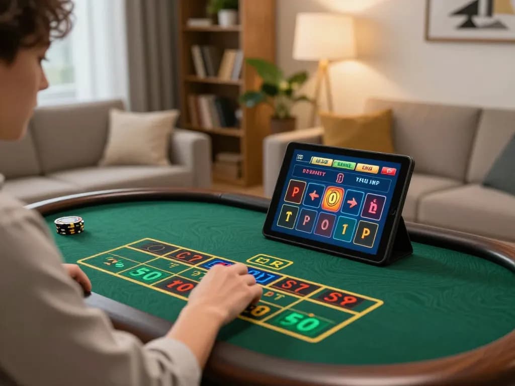 KUBET player engaging with live dealer game on tablet in cozy setting