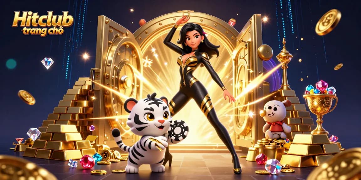 Experience thrilling gaming action at Hitclub trang chủ with a stunning 3D illustration of vibrant poker chips and characters.