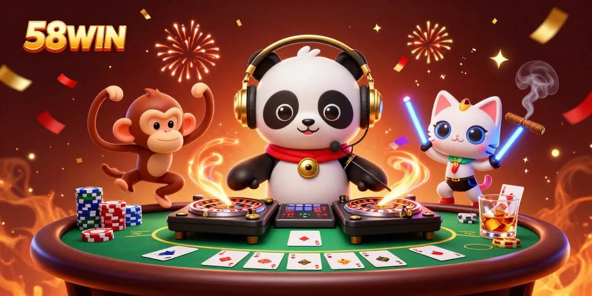 Engage with 58WIN’s vibrant casino experience featuring a lively DJ panda and animated characters.