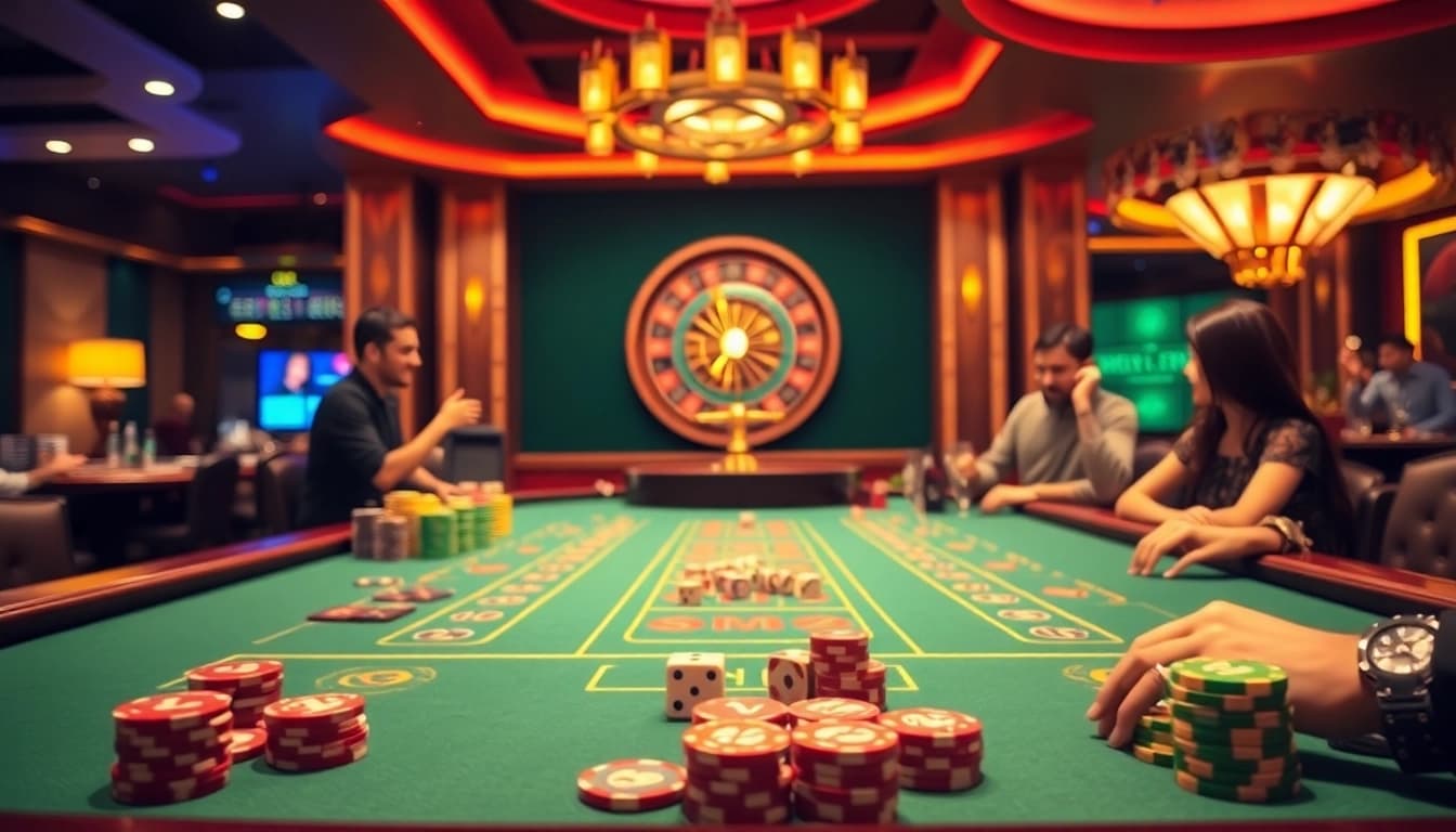 A thrilling scene of Tài Xỉu MD5 gameplay at a premium casino table with dice and vibrant poker chips.