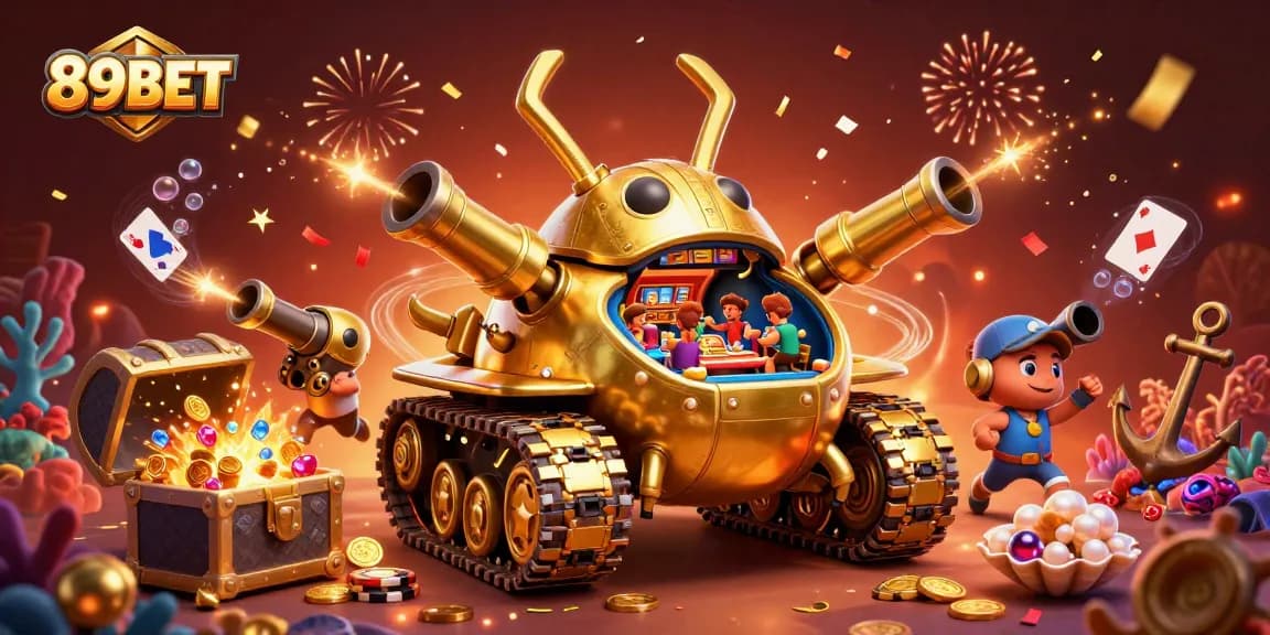 Experience the thrilling world of 89BET with a vibrant 3D casino scene filled with gold coins and excitement.