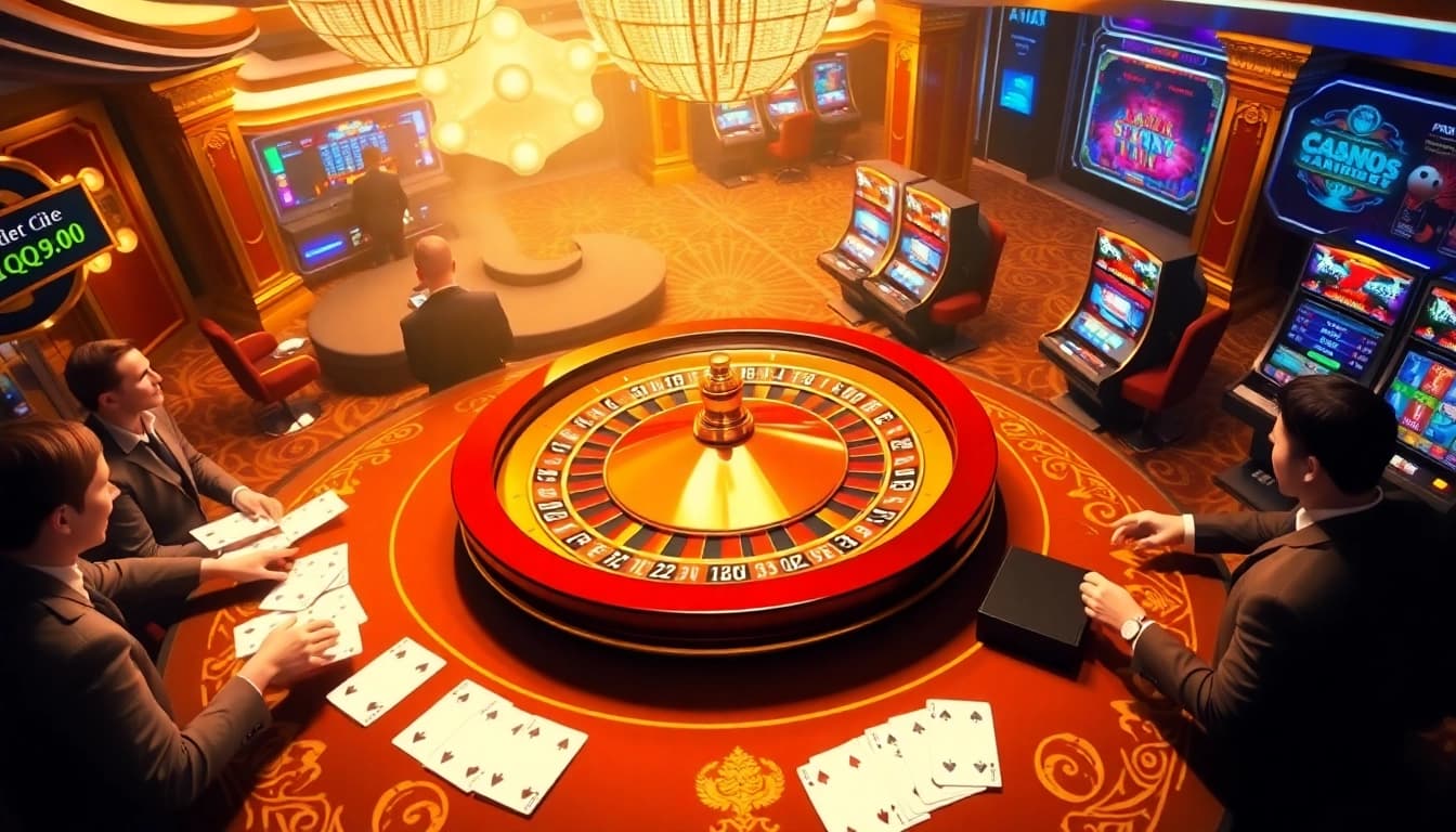 Exciting casino gaming scene with roulette, poker, and slots highlighting https://www.qq8827.com/ as a premier gambling destination.