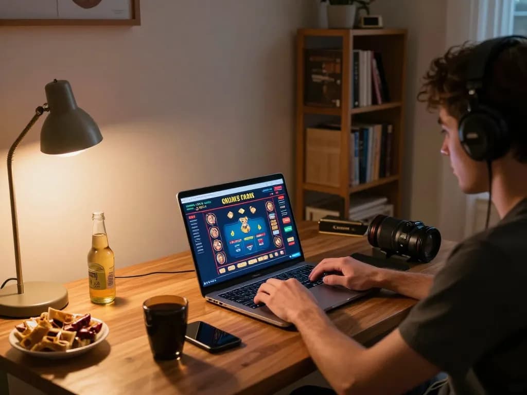 Person engaging with cm888 online casino on laptop in a cozy home environment.