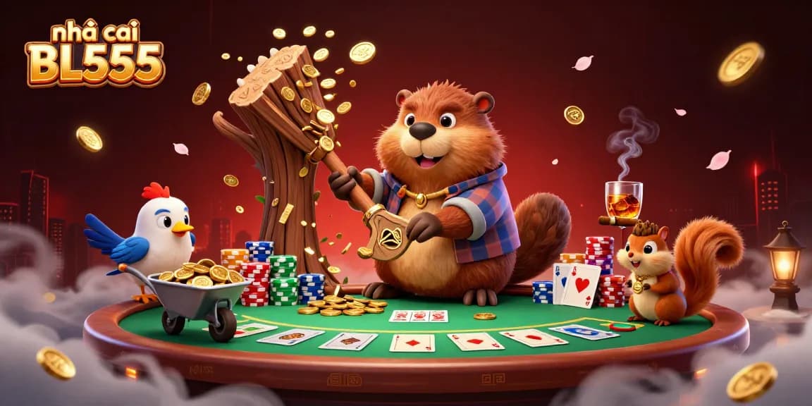 Engage with the dynamic scene of nhà cái BL555 featuring cartoon characters amid vibrant casino elements.