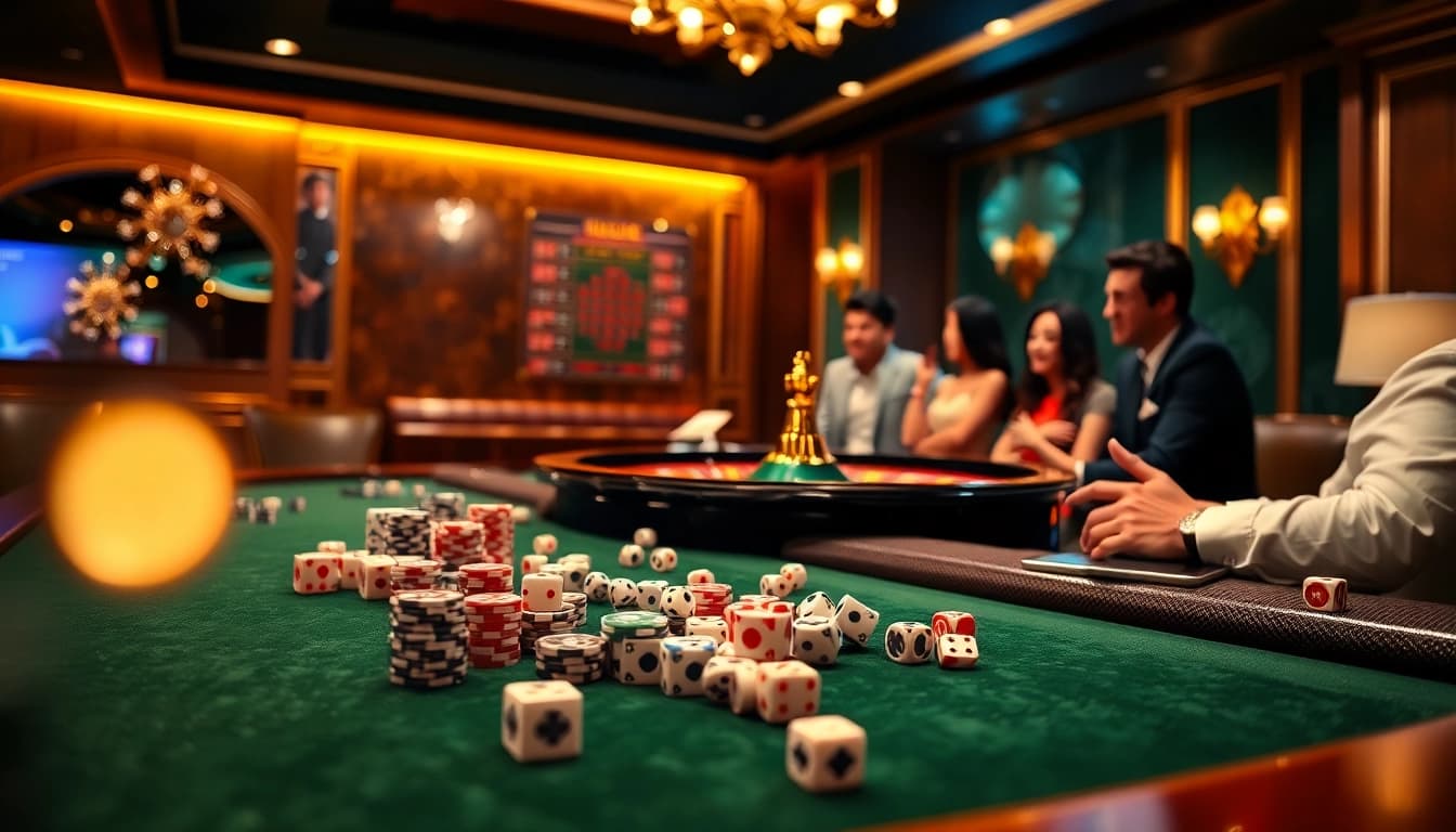 Experience the thrill of go88 tài xỉu with a luxurious casino atmosphere featuring betting tables and exciting gameplay.