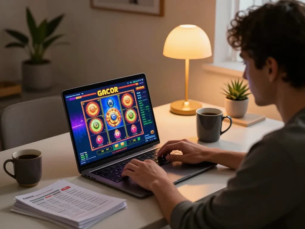 Player enjoying slot gacor game on laptop, showcasing exciting online gambling atmosphere