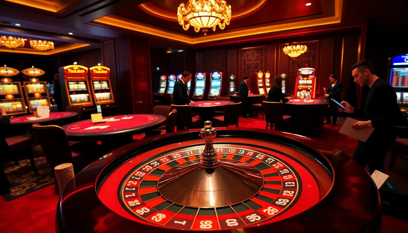 Players enjoying a thrilling gambling experience at THABET casino tables with poker chips and roulette wheels.