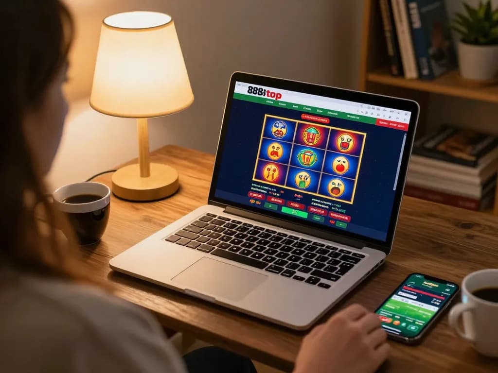 Engaging online gambling scene with a player exploring 888top's vibrant slot games on a laptop at home, promoting responsible gaming.