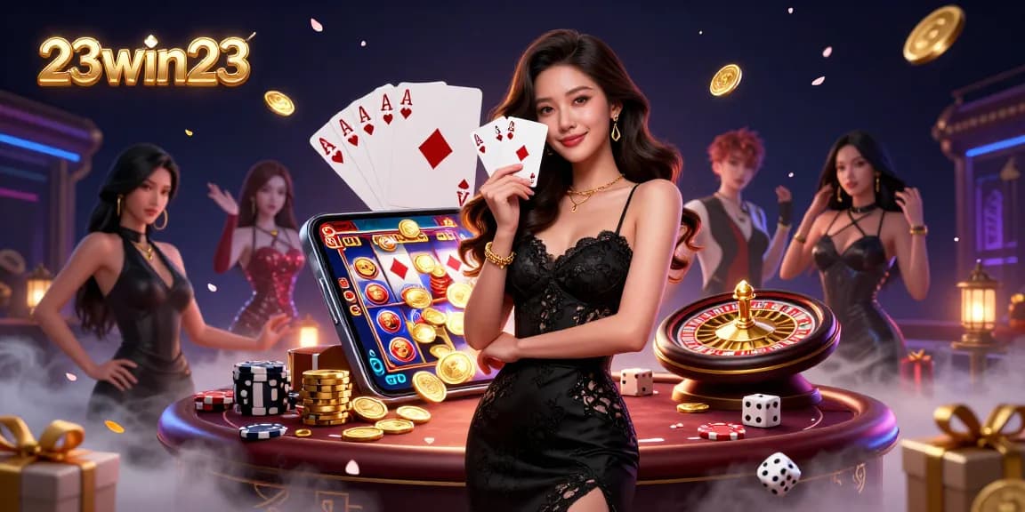Experience the thrill of 23win23 with a stylish Asian dealer showcasing poker cards and dynamic casino action.