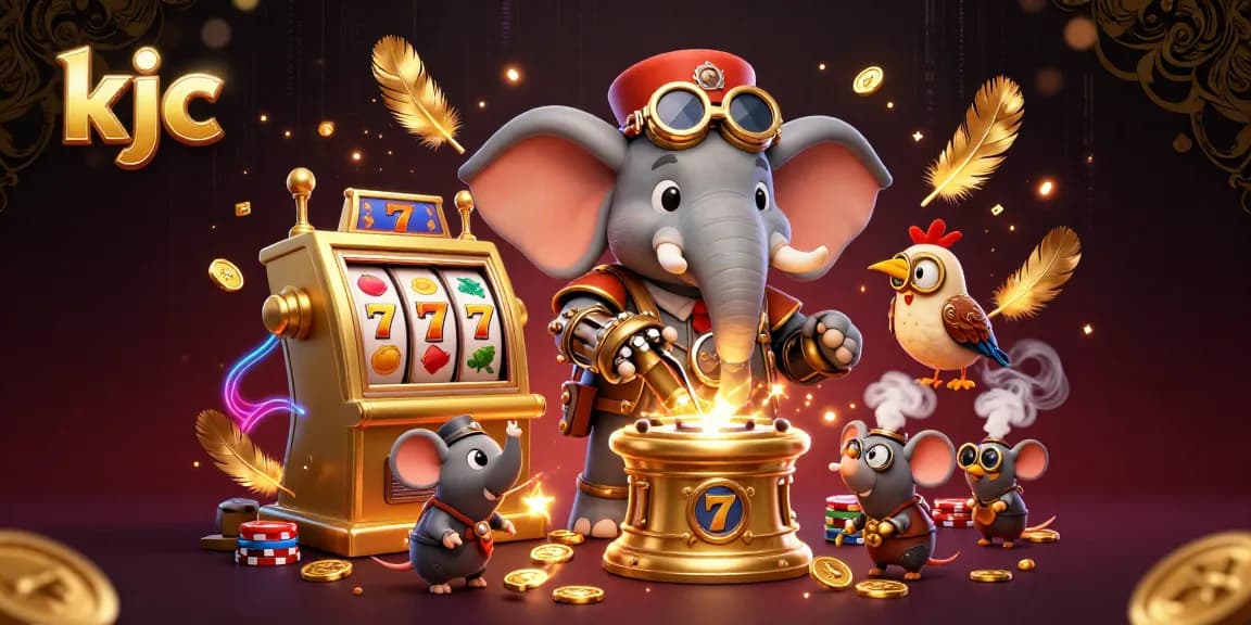 KJC invites players to experience thrilling slots with a steampunk elephant engineer amidst colorful casino elements.