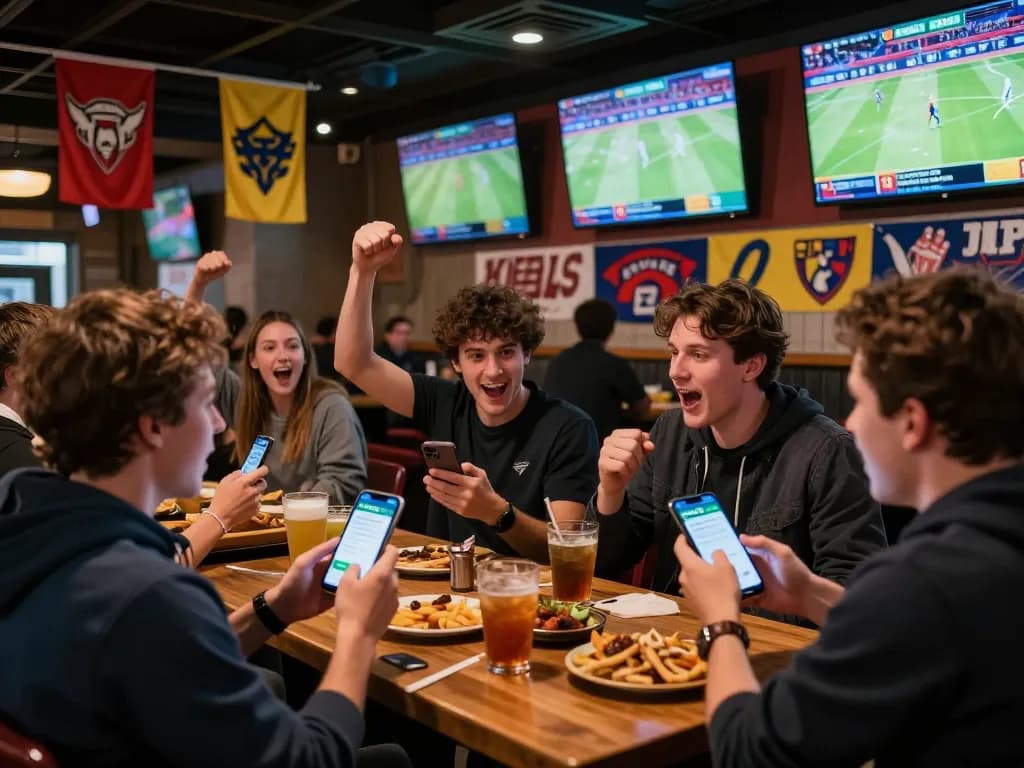 Socolive app users cheering for their teams while placing bets in a vibrant sports bar atmosphere.