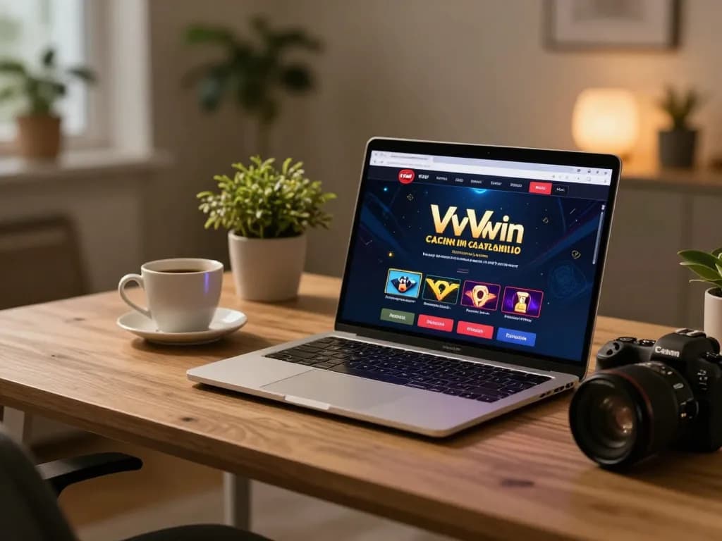 Player engaging with VVVwin casino app on a laptop in a cozy home setting.