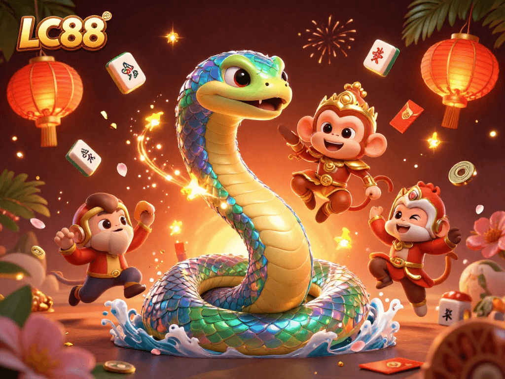 Engage in thrilling gameplay at LC88 featuring vibrant 3D illustrations of a rainbow serpent and monkey king amid casino elements.