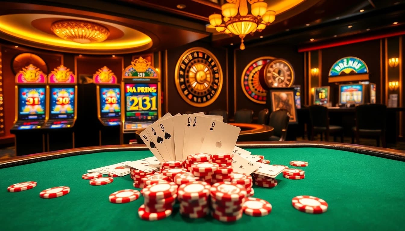 Play engaging u31สล็อต games at luxurious casino tables filled with vibrant chips and cards.