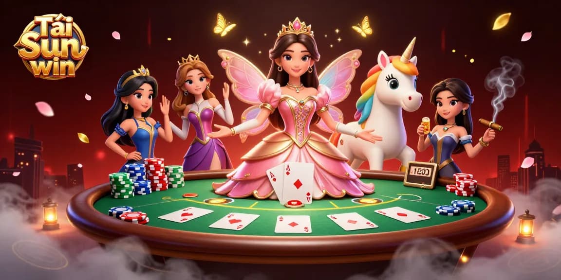 Experience the thrill of Tải Sun win with a glamorous gaming scene featuring a majestic Asian woman and a golden unicorn.