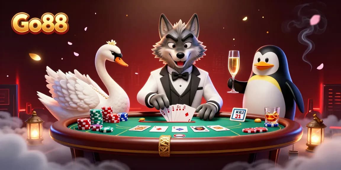 Join Go88 for a thrilling baccarat game, featuring a debonair wolf and elegant characters at play.