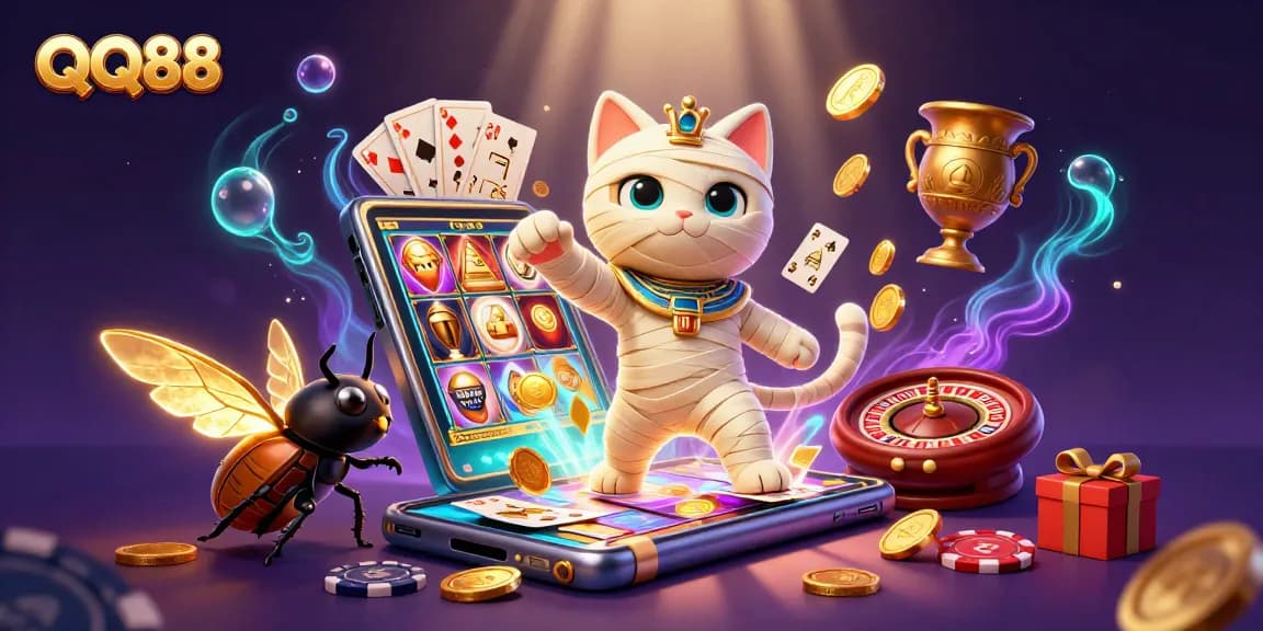 Engage with QQ88's vibrant 3D casino world featuring colorful slot games and dynamic characters.