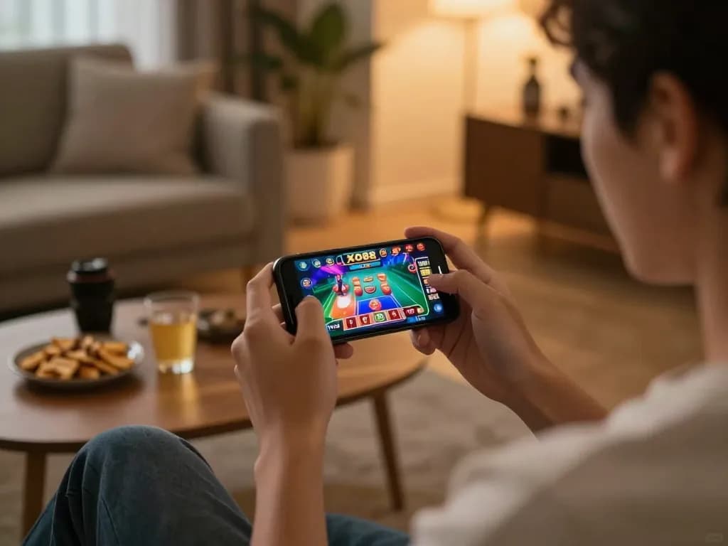 Player engaged with XO88 app on smartphone, showcasing vibrant casino gameplay in cozy home setting.