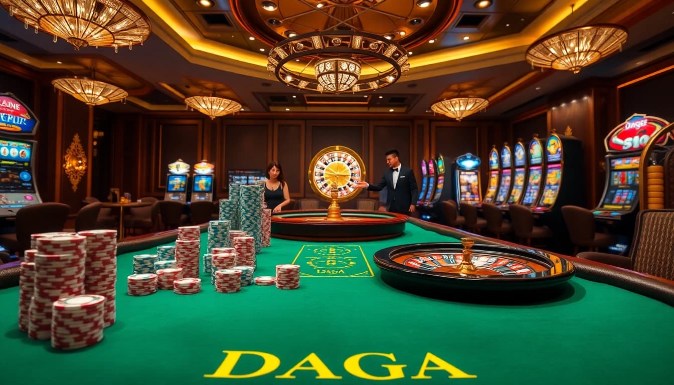 Daga casino table featuring vibrant betting chips and a stylish roulette wheel in a luxurious setting.