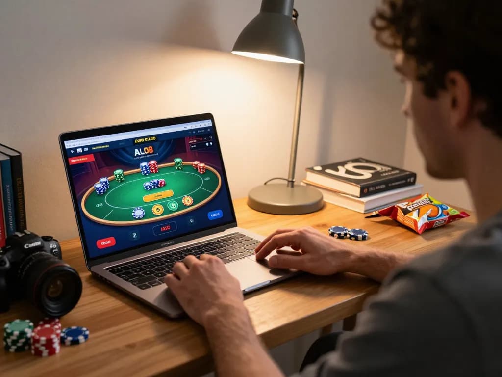 Player experiencing ALO8 STUDIO poker gameplay at home with strategic betting insights
