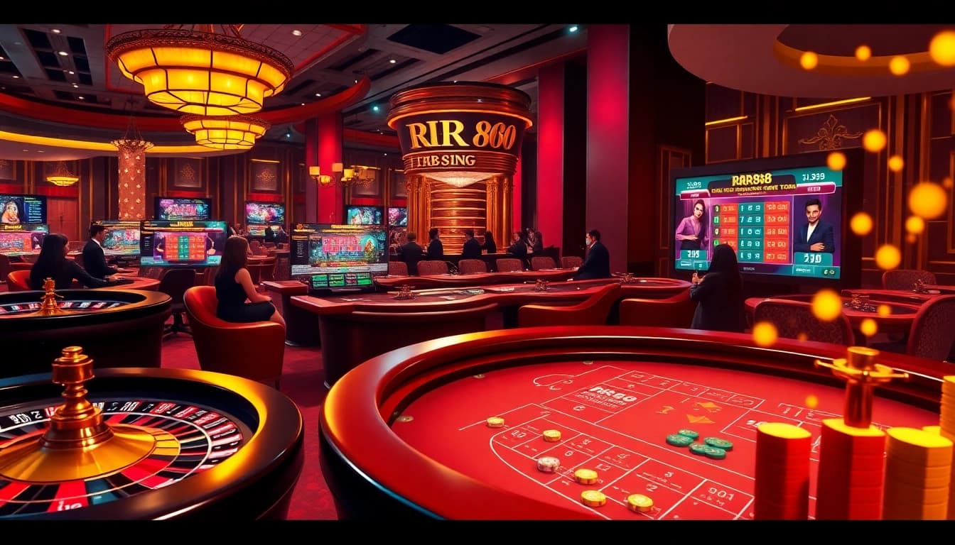 RR88 casino scene with roulette wheel and colorful poker chips, showcasing excitement and luxury.