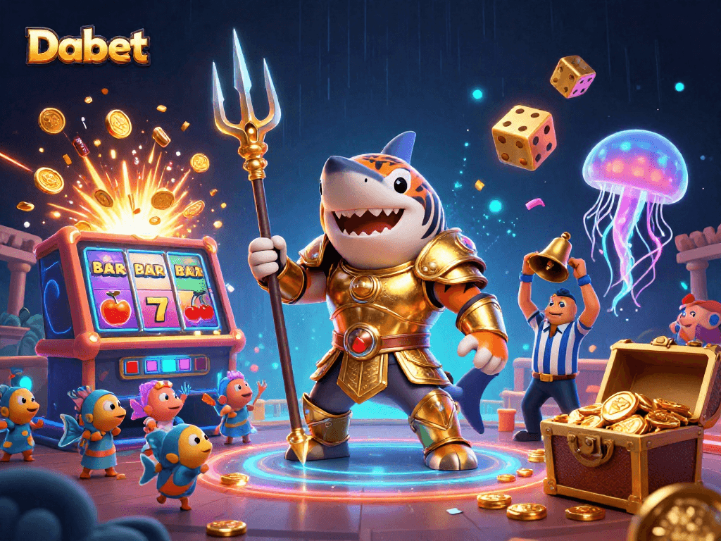 Dabet showcases epic underwater casino action with a trident-wielding shark gladiator amid slot machines.