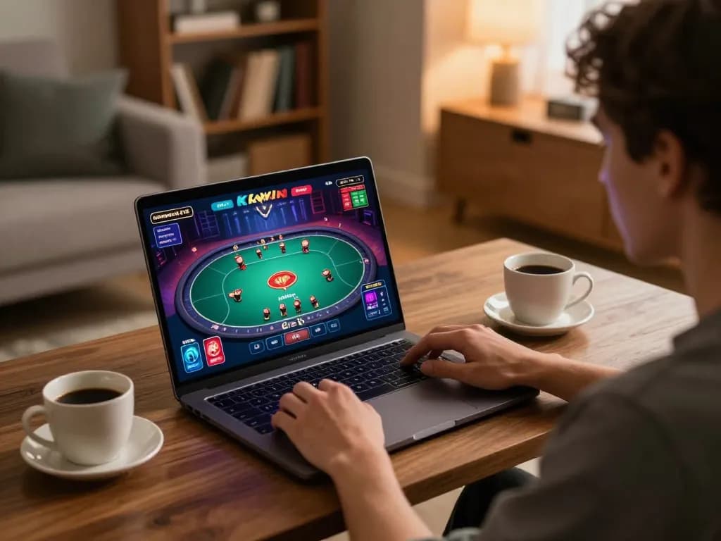 Player enjoying online gambling with KKwin interface displayed on laptop, in a cozy home setting.