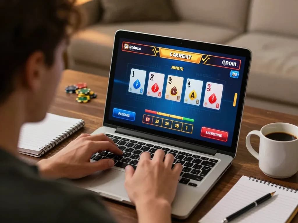 Player engaging in BET168 live casino game on laptop with strategic focus in cozy home setting