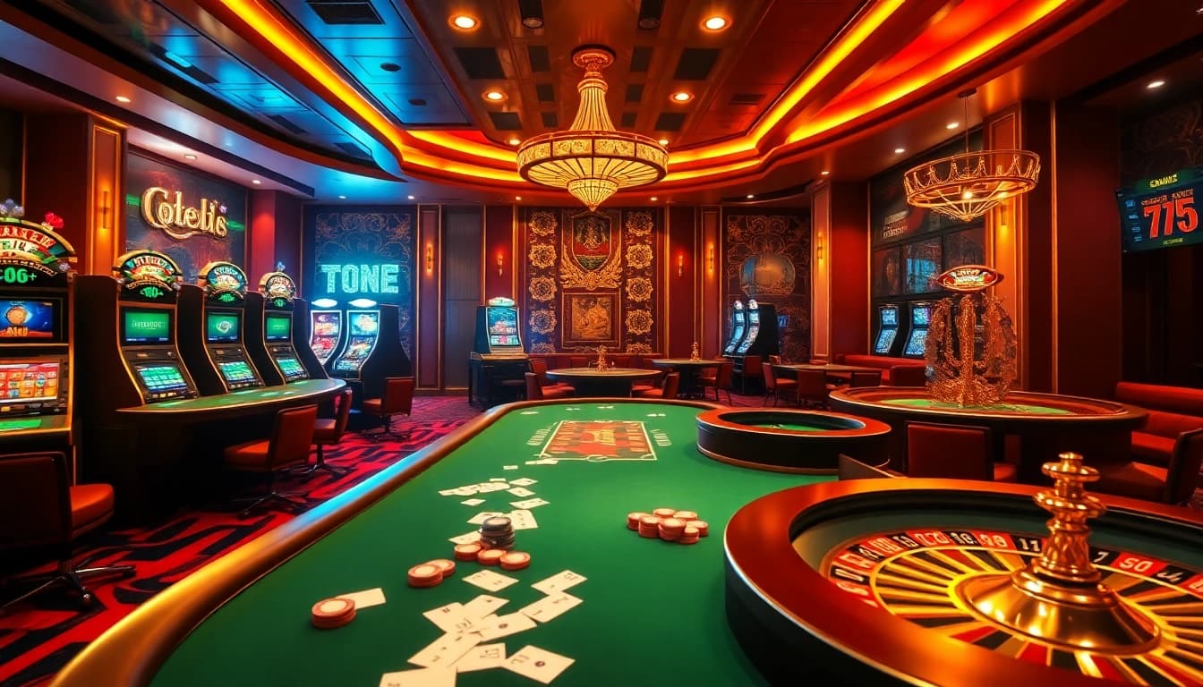 Exciting online gambling scene showcasing 789betg.com with casino tables, vibrant slot machines, and poker chips.