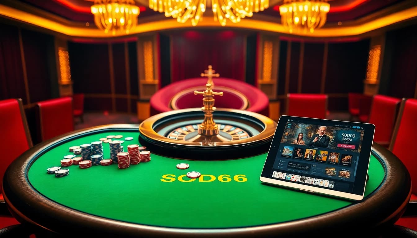 SODO66 branded gaming table showcasing excitement, poker chips, and a roulette wheel in a luxurious casino setting.