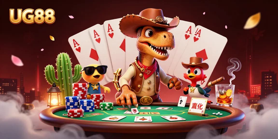 Engage in thrilling gameplay at UG88 with a T-Rex and friends at the poker table!