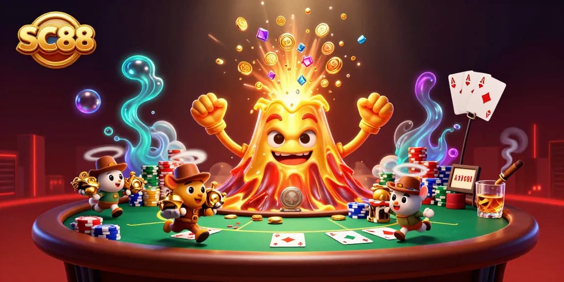 Experience thrilling gameplay at SC88 with a dynamic casino scene featuring exciting poker elements and treasures.